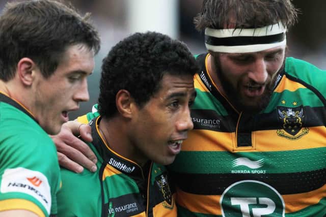STAR TURN - Ken Pisi celebrates his try against Sale with Jamie Elliott (left) and Tm Wood (Picture: Sharon Lucey)