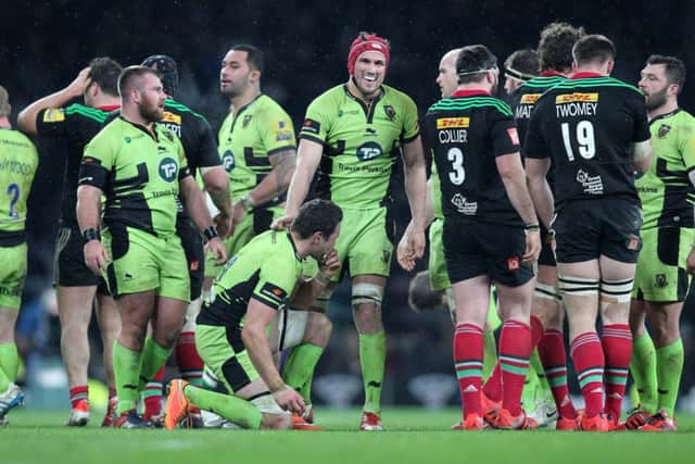 JOB DONE - Saints players enjoy their win over Harlequins on Saturday, but Calum Clark says there is more to come from him and his team-mates (Picture: Sharon Lucey)