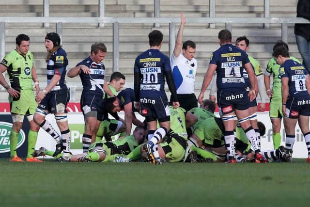 BAD DAY - Sale Sharks get over the line to score a try against Saints on Saturday (Picture: Sharon Lucey)