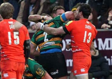 SEEING RED - Dylan Hartley was sent-off for this elbow on Leicester's Matt Smith. He returns to the Saints squad this weekend after serving his three-week ban (Pictures: Sharon Lucey)