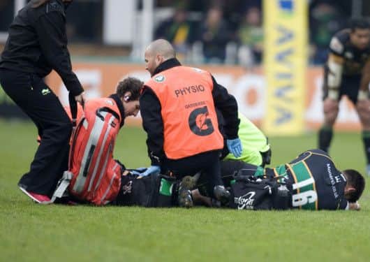 HORROR MOMENT - Matti Williams sustained a broken leg in the game against London Irish last April (picture: Linda Dawson)