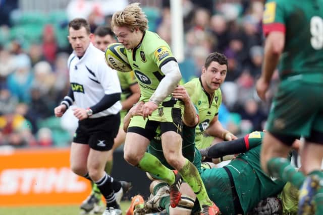 MAKING AN IMPRESSION - Joel Hodgson makes a break in the defeat to Leicester Tigers (Picture: Kirsty Edmonds)