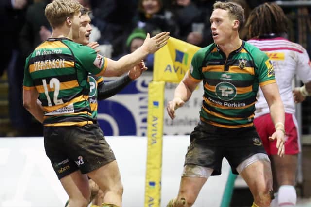 TRY GUY - James Wilson celebrates his score in Friday's win over Harlequins (Picture: Kirsty Edmonds)