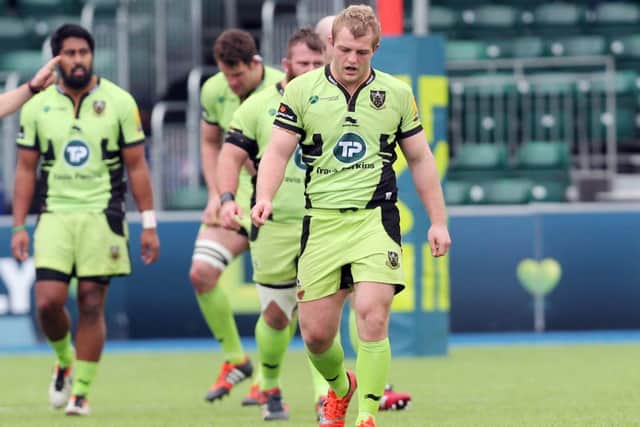 DOWN AND OUT - Mike Haywood, on his 100th appearance for Saints, shows his disappointment during Satyurday's defeat to Saracens (Pictures: Kirsty Edmonds)