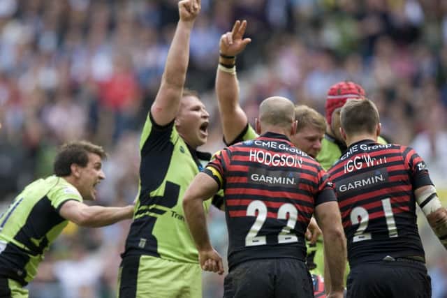 Dylan Hartley celebrates Alex Waller's winning try in last season's Aviva Premiership final (Picture: Linda Dawson)