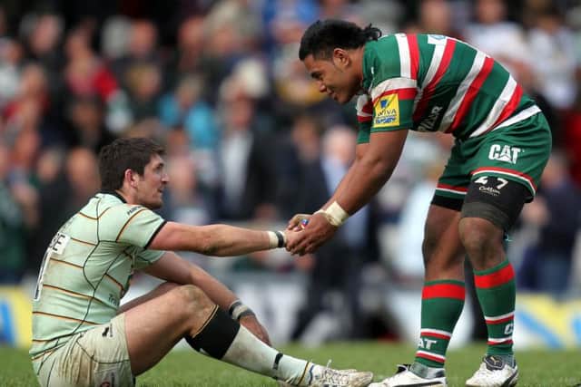 PAINFUL MEMORY - Leicester's Manu Tuilagi consoles Saints' James Downey at the end of the 2011 Premiership semi-final at Welford Road