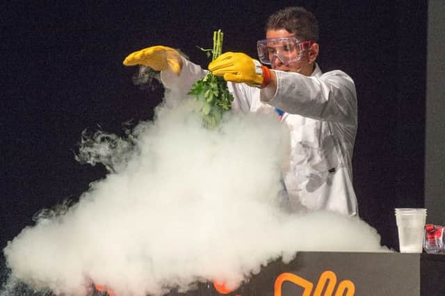 Michael Goble from the Ministry of Science puts some flowers into liquid nitrogen on stage.