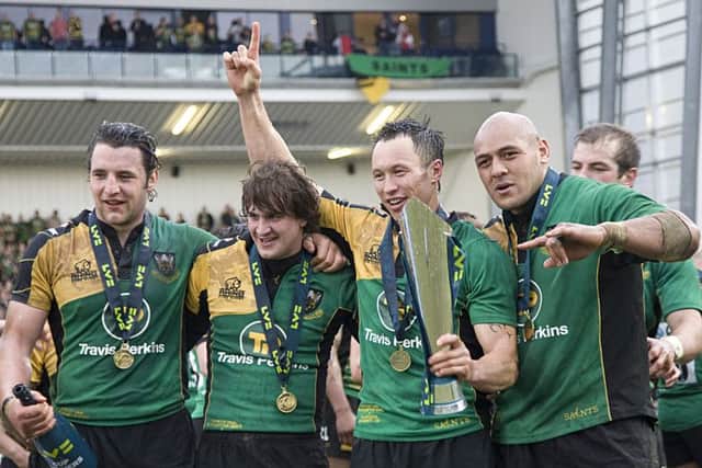 Phil Dowson (left) celebrates the LV= Cup triumph at Sixways (pictures: Linda Dawson)
