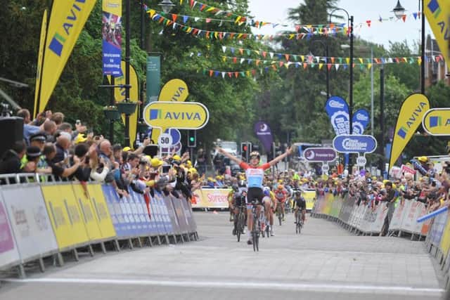 Christine Majerus first over finish line of Women's Tour 2015 in Kettering