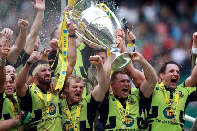Phil Dowson (right) lifted the Aviva Premiership trophy with Saints last year