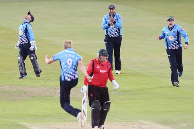 Olly Stone celebrated three crucial wickets at the County Ground (picture: Kirsty Edmonds)