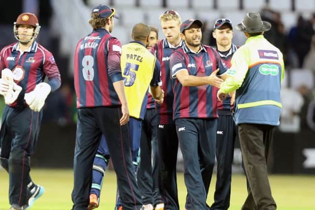 CLOSE, BUT NO CIGAR - the Steelbacks players shake hands with the opposition following the last-ball defeat to Birmingham Bears at the County Ground in May