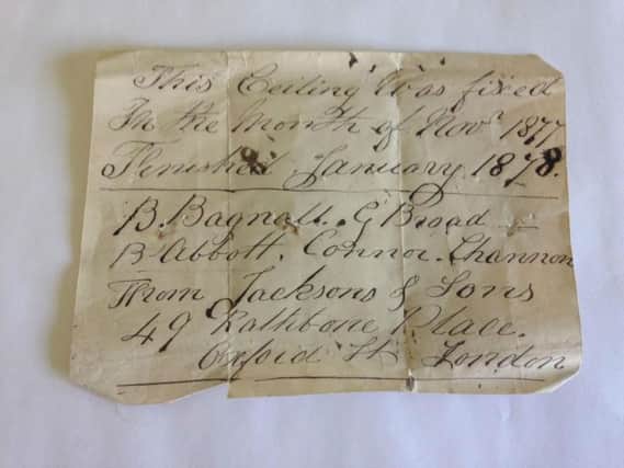 A Note from four workmen who repaired Althorp's State Dining Room ceiling in 1877-8 has been found 138 years later