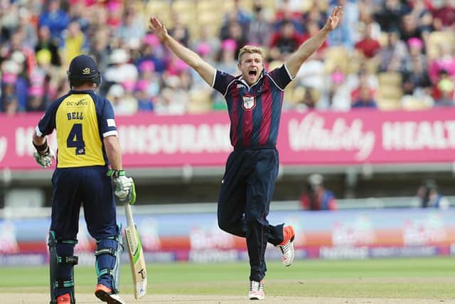 STUNNING START - David Willey celebrates claiming the crucial early wicket of Varun Chopra (Pictures: Kirsty Edmonds)