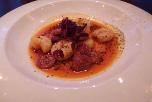 The starter of king prawns and chorizo