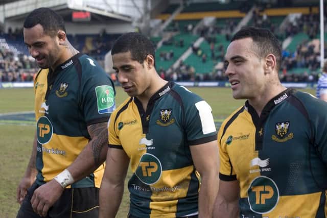 Kahn Fotuali'i (right) and Ken Pisi take on former Saints team-mate Samu Manoa (left) in Brighton on Sunday (picture: James Phillips)