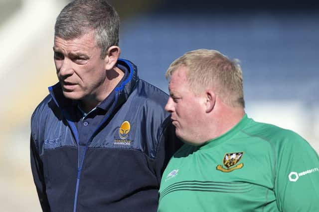 Dorian West (right) chats to Worcester boss Dean Ryan before the friendly at Franklin's Gardens (picture: Kirsty Edmonds)
