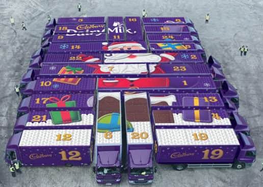 An aerial view of the Cadbury trucks in formation