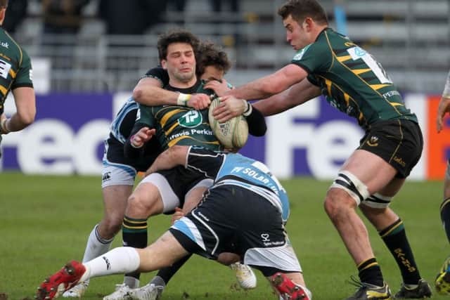 Ben Foden and Calum Clark in action during Saints' game at Glasgow in January 2013