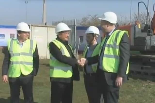 Howard Grossman and former Cobblers chairman David Cardoza shake hands at the sod-cutting ceremony for the Sixfields development back in March 2014.