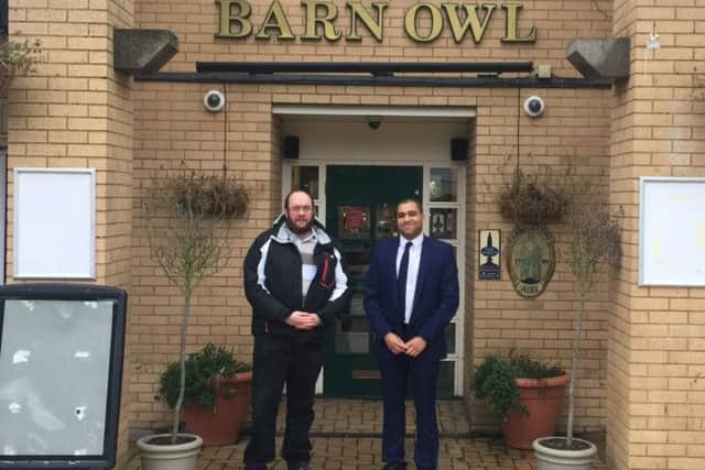 Councillor James Hill and Keith Holland-Delamere, chairman of Rectory Farm Residents' Association, outside the Barn Owl, which they are hoping will not be turned into a shop.