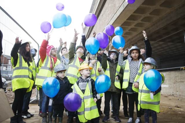Future pupils of Northampton International Academy at a topping out ceremony