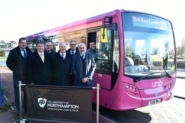 L-R Philip Waters, Chairman of Universitybus Ltd & Uno Buses (Northampton) Ltd,  Tony Ciaburro , Director Environment Development & Transport, Northamptonshire County Council, Terry Neville, Chief Operating Officer, the University of Northampton, Jason Ball, Uno Buses Northampton, James Thorpe, Managing Director, Universitybus Ltd & Uno Buses (Northampton) Ltd, Richard Todd Operations Manager Universitybus Ltd & Uno Buses (Northampton) Ltd.