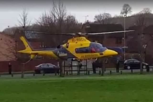The air ambulance taking off on Saturday, filmed by Kevin New.