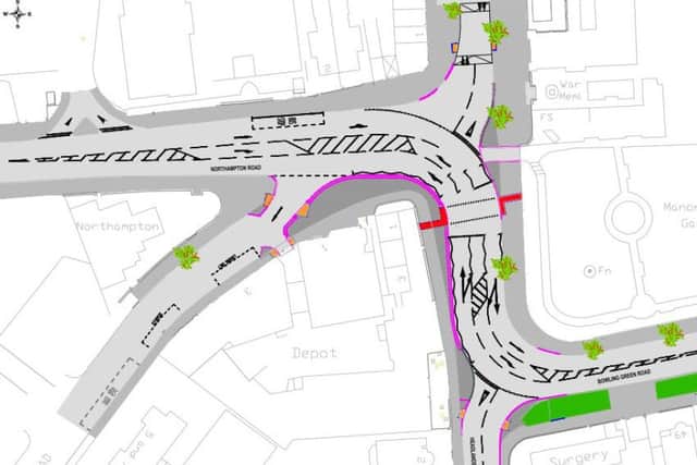 The junction of Northampton Road, Sheep Street and Bowling Green Road, Kettering, with the new crossing marked in red