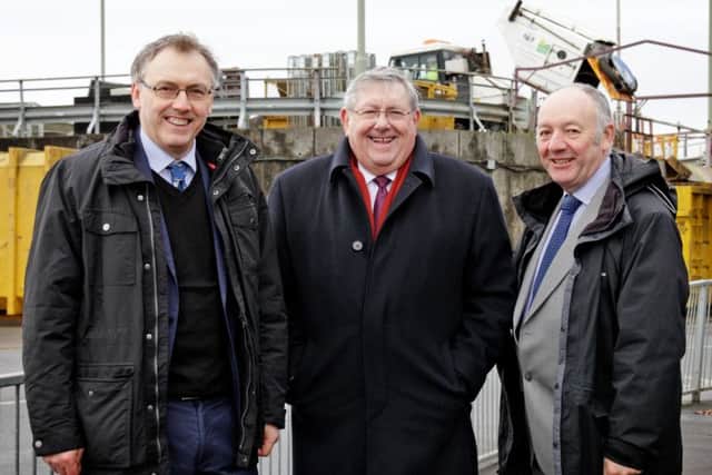Peter Rolton, Brian Binley and  David Rolton at the site of the Westbridge depot in St James, where Rolton Kilbride is hoping to build a waste-to-energy power plant.