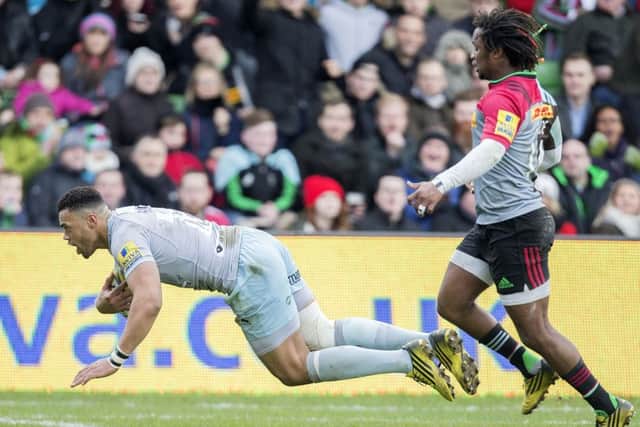 FLYING - Luther Burrell dives over for his try in the win at Harlequins (Picture: Kirsty Edmonds)