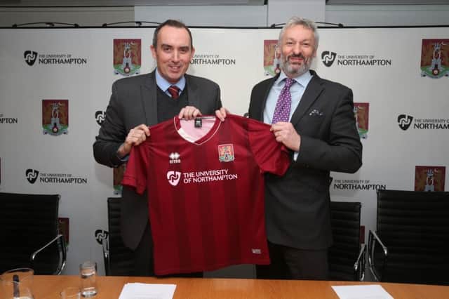 Kelvin Thomas and Nick Petford announcing the extension of the new sponsorship deal between Cobblers and the University of Northampton today.