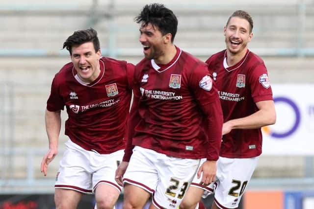 GOAL GLEE - scorer Danny Rose and Cobblers team-mates Dave Buchanan and Lee Martin enjoy his match-winning strike (Pictures: Sharon Lucey)