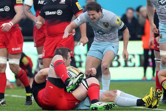 Lee Dickson roars as Stephen Myler scores a first-half try at Allianz Park (picture: Sharon Lucey)