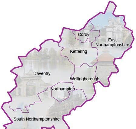 A map of the district and borough councils in Northamptonshire, courtesy of Northamptonshire County Council.