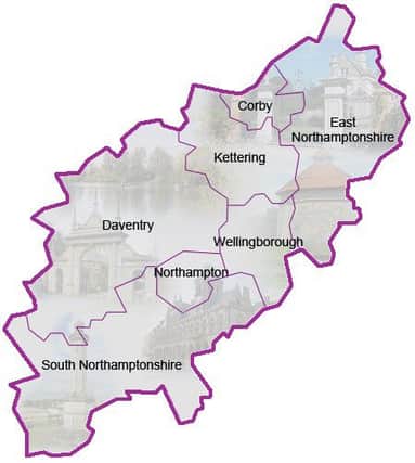 A map of the district and borough councils in Northamptonshire, courtesy of Northamptonshire County Council.