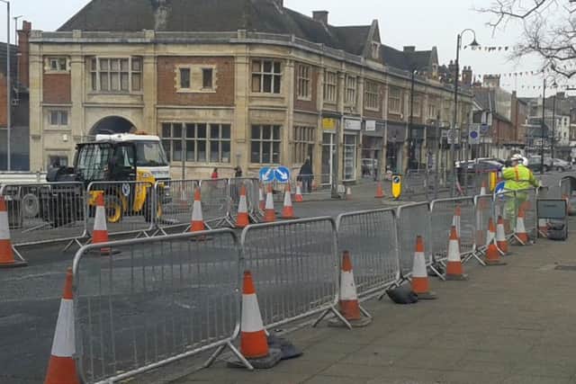 Roadworks at the top of Northampton Road, Kettering, March 2016.