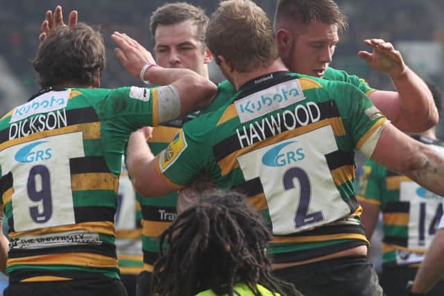 BIG MOMENT - Saints celebrate Mike Haywood's opening try for Saints (Pictures: Sharon Lucey)