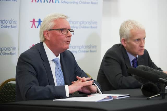 Chairman of the Northamptonshire Safeguarding Children's Board, Keith Makin, with head of communications at Northamptonshire Police, Richard Edmondson at a press conference at Franklin's Gardens today.