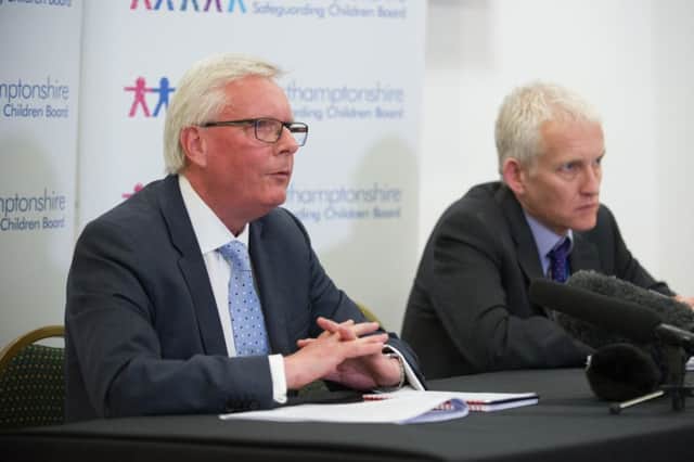Chairman of the Northamptonshire Safeguarding Children's Board, Keith Makin,  with head of communications at Northamptonshire Police, Richard Edmondson at a press conference at Franklin's Gardens today.