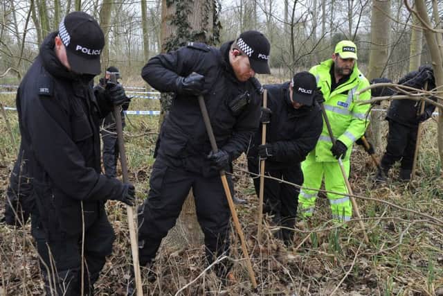 Police searching woodland near Warkton as part of the investigation into the disappearance of Sarah Benford from Kettering last week