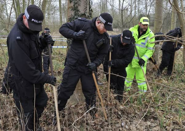 Police searching woodland near Warkton as part of the investigation into the disappearance of Sarah Benford from Kettering last week