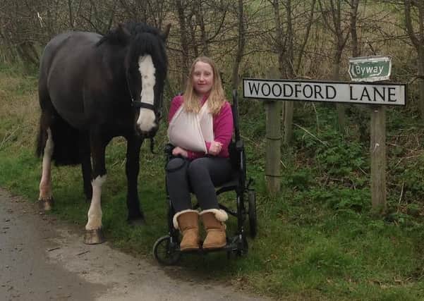 Isobel Childs with her pony after being thrown into a ditch in Lowick
