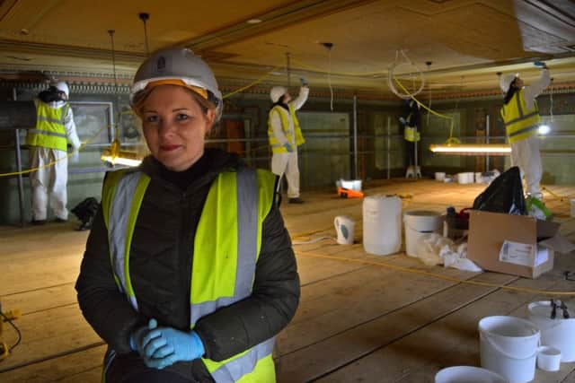 Art conservator, Marta Sledz, and some of the team (left to right Lukasz Kornacki, Sarah Campbell, and Camilla Molignano) are hard at work restoring Delapres beautiful interors