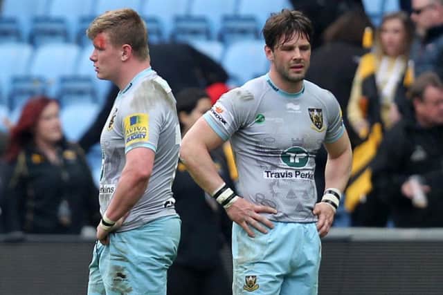 Reece Marshall and Ben Foden show their disappointment after Saints' defeat to Wasps (pictures: Sharon Lucey)