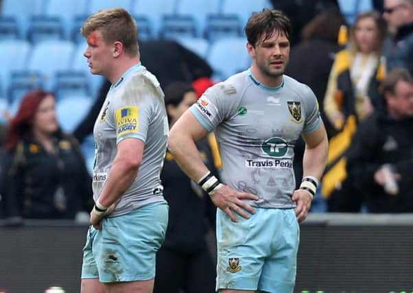Reece Marshall and Ben Foden show their disappointment after Saints' defeat to Wasps (pictures: Sharon Lucey)