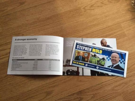 A promotional leaflet for Conservative candidate for the Northants Police and Crime Commissioner elction was delivered to households in Northampton inside the Government's EU pamphlet