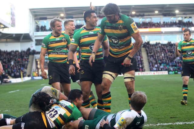 George Pisi celebrated after scoring Saints' second try (pictures: Sharon Lucey)