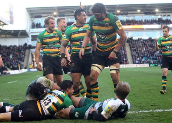 George Pisi celebrated after scoring Saints' second try (pictures: Sharon Lucey)