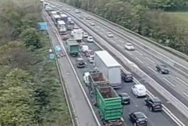 Traffic is building back towards Watford Gap Services after a collision between two lorries at junction 16 of the M1.
